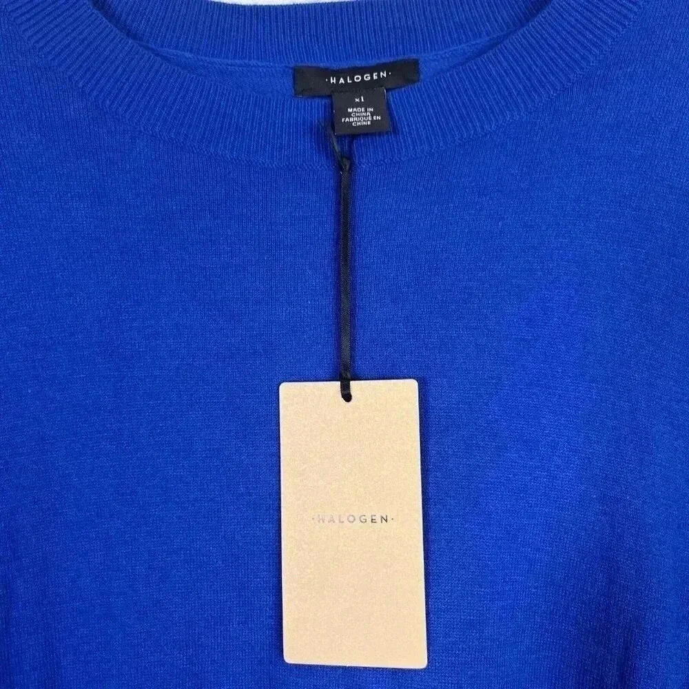 Halogen Sweater Womens XL Bright Blue Tie Cuff Cashmere Blend Contemporary‎ Cozy